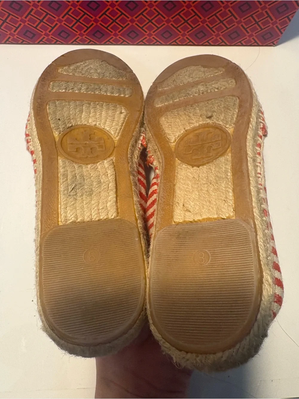 Tory Burch Orange and Cream Striped Canvas Espadrilles with Gold Logo